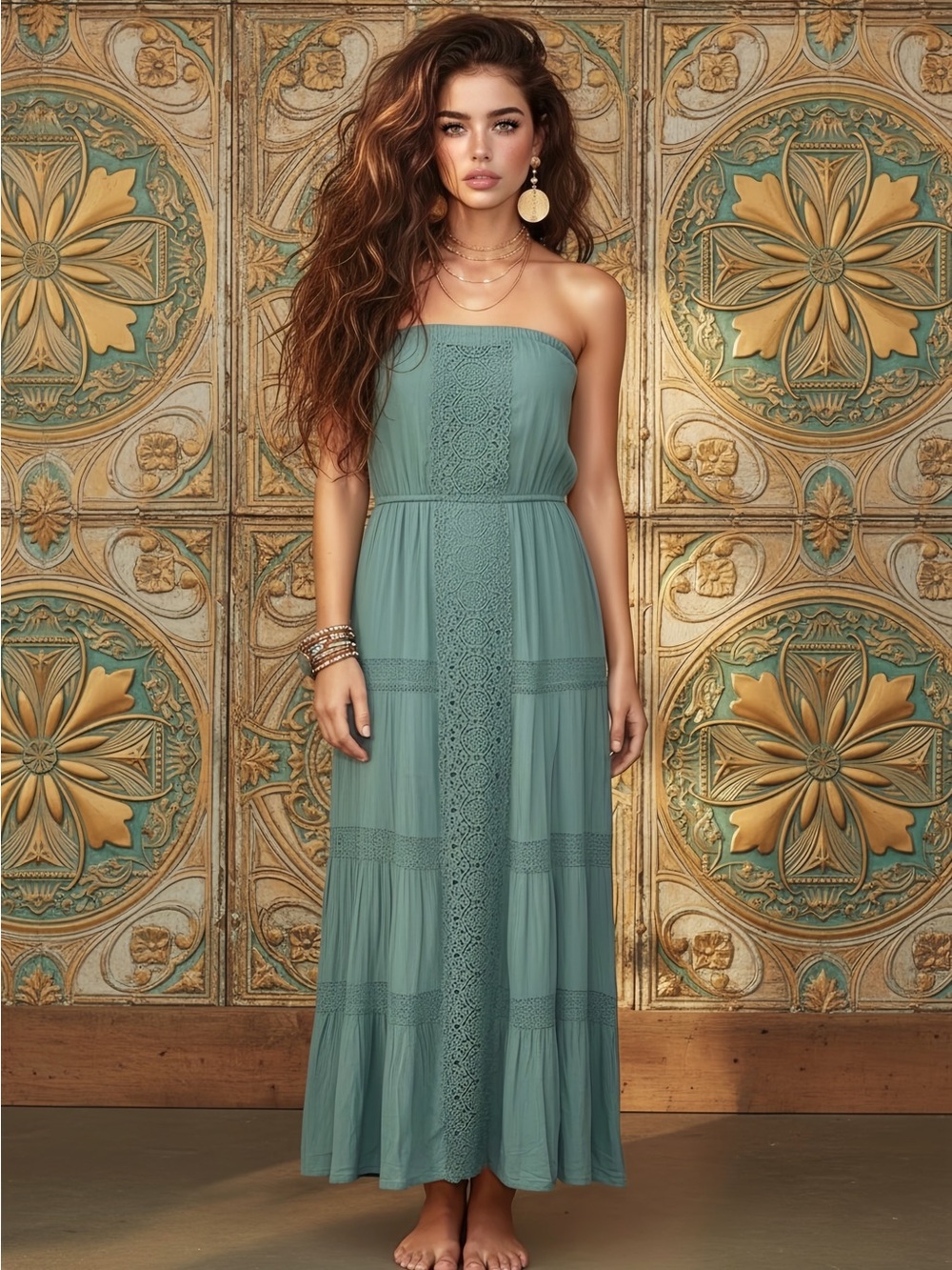 Boho Strapless Maxi Dress in Sage Green